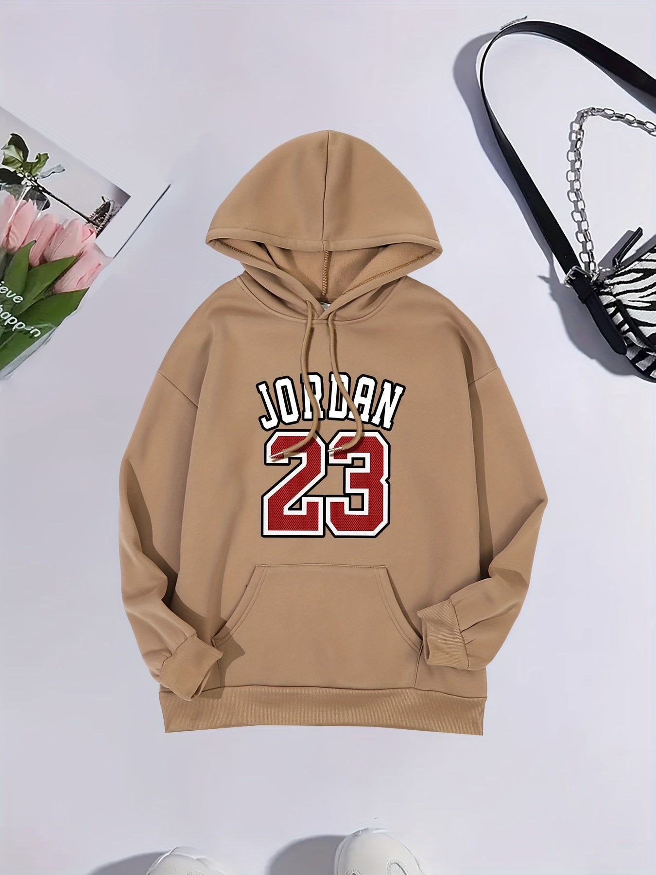 Letter & Number 23 Print Long Sleeve Drawstring Pullover Hoodie, Kangaroo Pocket Warm Casual Sports Hooded Sweatshirt, Women's Clothing