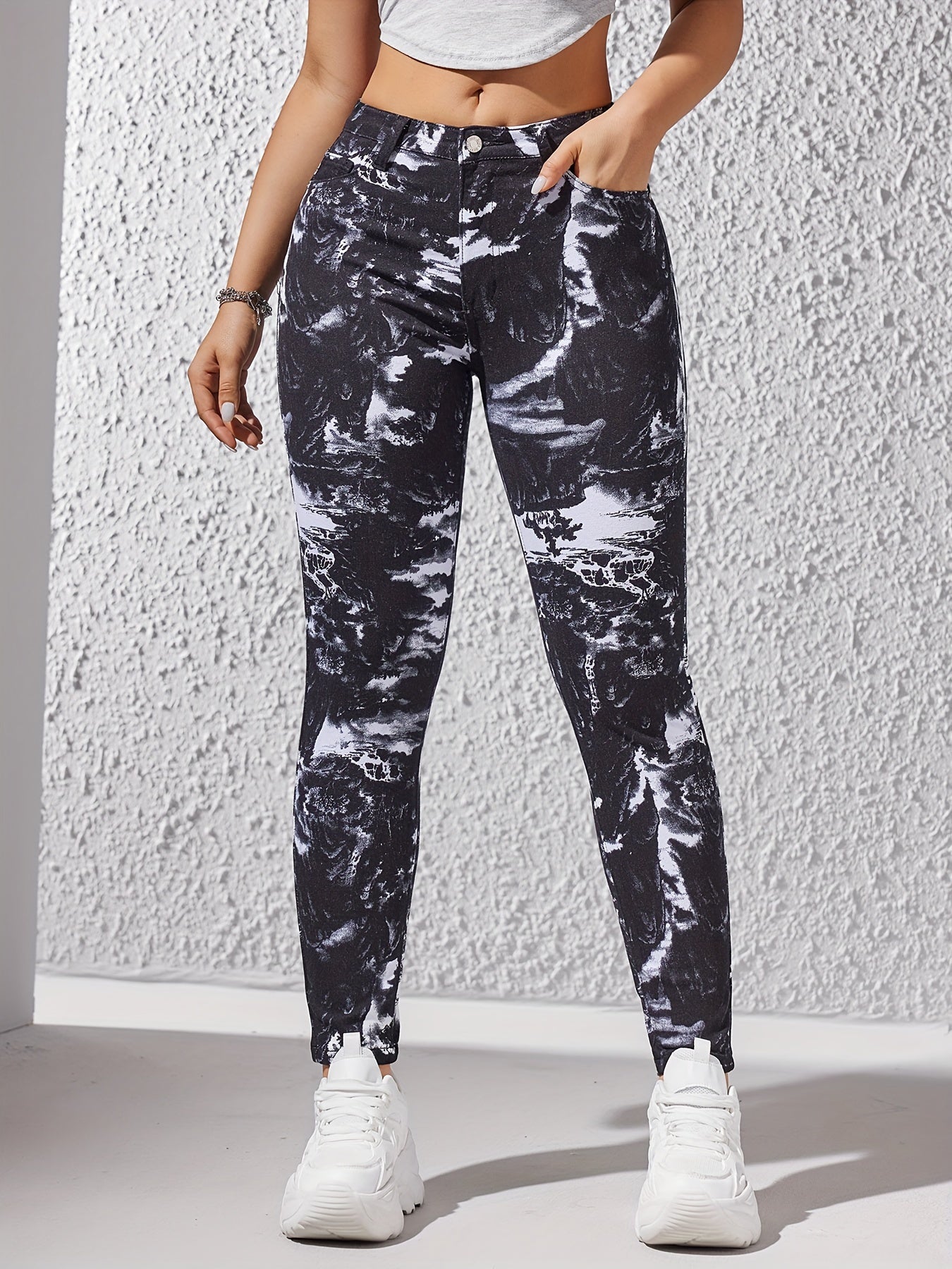 All Over Print Casual Skinny Jeans, Slant Pockets Slim Fit Stretchy Tight Jeans, Women's Denim Jeans & Clothing