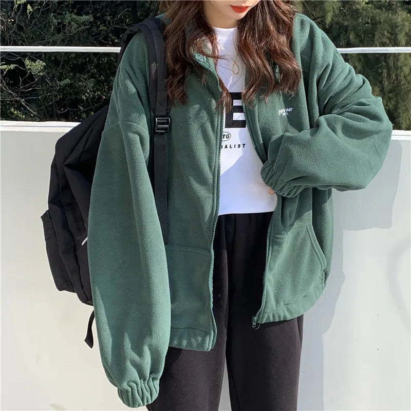 Zip-Up Hoodie Women Autumn Winter Fleece Oversized Sweatshirt Harajuku Bf Ulzzang Streetwear Loose Pockets Jacket Casual Tops