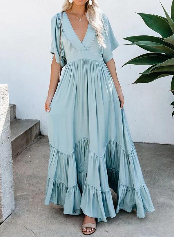 Geumxl New Summer Fashion Maxi Dress V-Neck Short Sleeve Solid Color Floor Length Dress A-Line Holiday Overall Vestidos Boho Robes