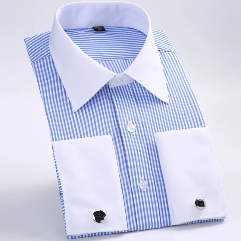 Quality & Gentle Formal Mens French Cuff Dress Shirt Men Long Sleeve Solid Striped Style Men's Shirts Cufflink Include Plus Size