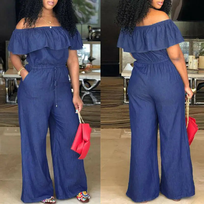 2021 Spring Sumeer Boho Fashion Casual Women Solid Off Shoulder Long Romper Jumpsuit Bodysuit Overall Wide Legs