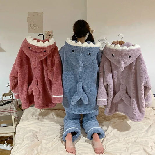 Autumn Winter Women Cute Pajamas Sets Cartoon Shark Hooded Sleepwear Coral Fleece Lady Home Clothes Female Sweet Warm Pyjamas