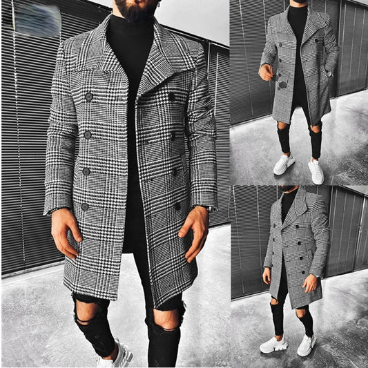 Fashion Men Coat Autumn Winter New Fashion Plaid Double Breasted Lapel Coat Mid-long Coat Men Chic Wool Blends Winter Coat Men