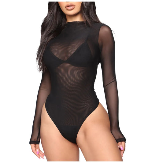 Women's Underwear One Piece Lace Mesh Sexy Lingerie Long Sleeve Bodysuit Sexy Mujer Teddies Erotic Costumes Porno Sex Lenceria