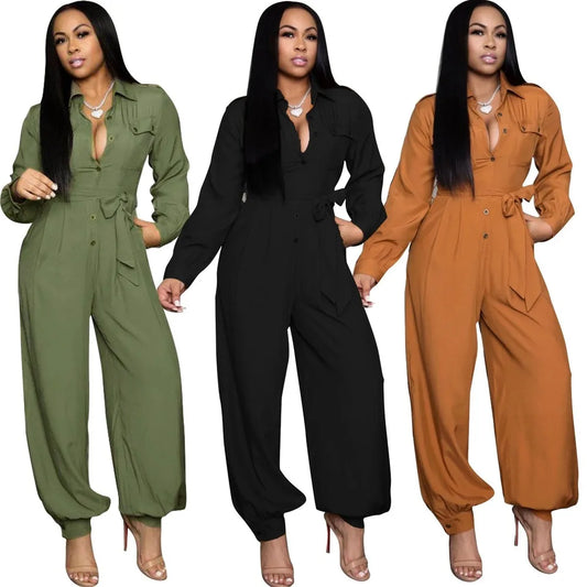 Casual Loose Women's Jumpsuit Full Sleeve Button Up Overalls With Sashes Streetwear Autumn One Piece Outfit Rompers Cargo Pants