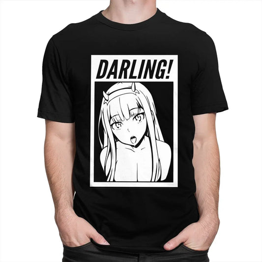 Darling In The Franxx T-Shirt Men 100% Cotton Awesome Tshirt O-neck Short Sleeves zero two Tee Shirt Fitted Anime Apparel Gift