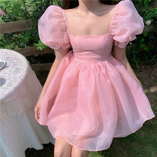 Geumxl Woman Sweet Pink Fairy Dress 2022 Summer Vintage Elegant Square Collar Puff Sleeve Ball Gown Robe Korean Mini Princess Vestidos 0719