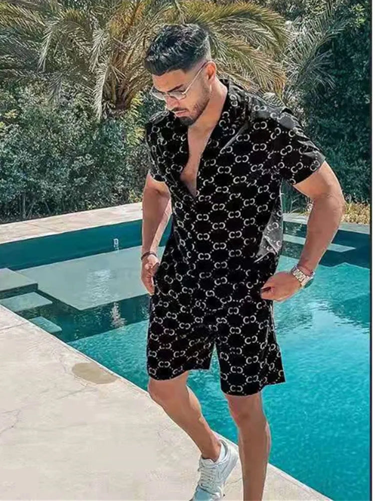 Fashion Men Hawaiian Beach Suit Summer Short Sleeve Button Printing Casual Green Daily Beach Shorts Streetwear Mens Clothes