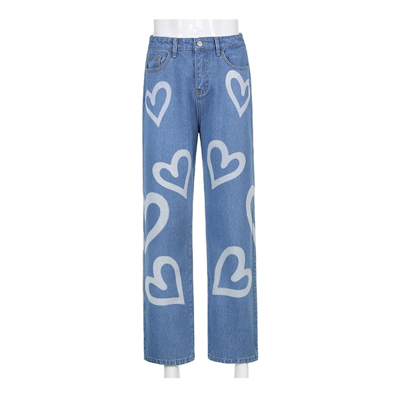 Vintage Heart Printed Y2K Baggy Jeans