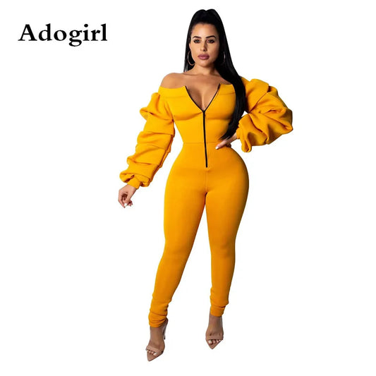 Plus Size XXL Zipper Front Slash Neck Off Shoulder Jumpsuit Long Puff Sleeve Thick Romper Fashion Solid Color Female Outfits