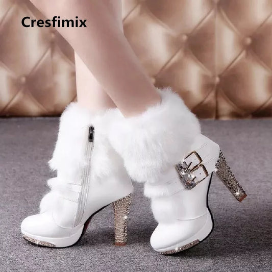 Cresfimix women cute sweet high quality white pu leather high heel boots lady casual autumn & winter warm boots cool shoes a2849