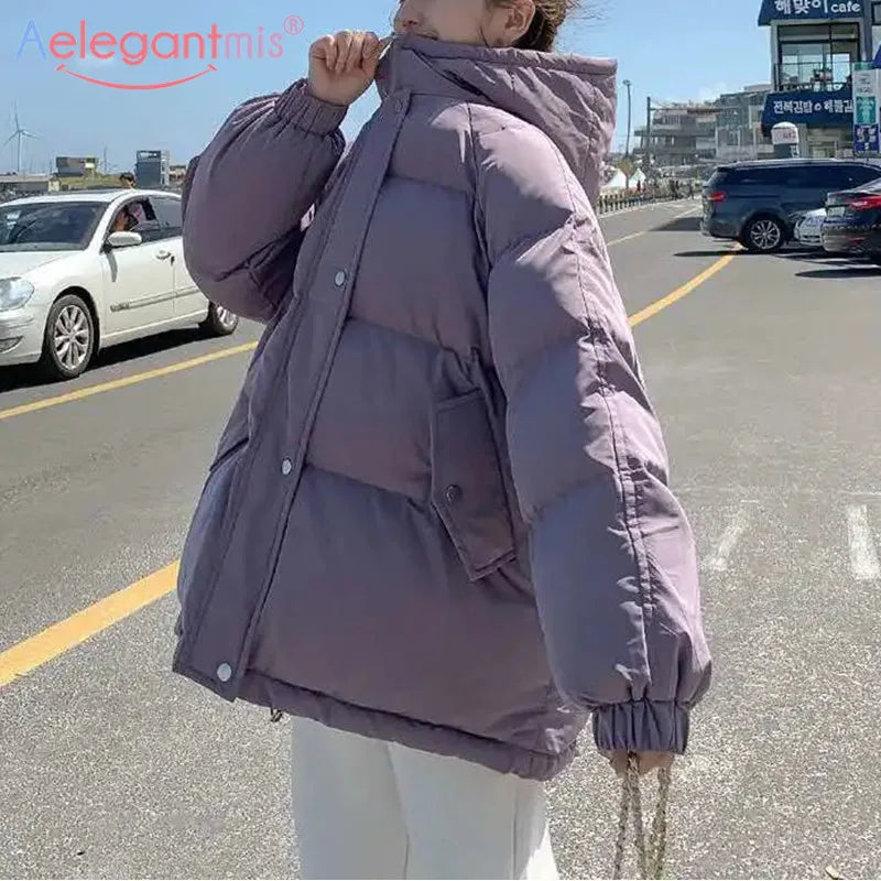 Aelegantmis Women Thicken Warm Parka Coat Loose Oversized Women's Winter Bread Coat Hooded Outwear Padded Woman Parkas Jackets