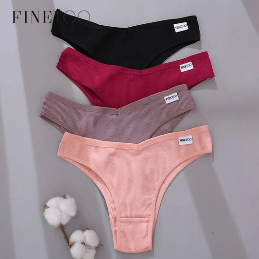 FINETOO Cotton Brazilian Panties Women Sexy V Waist G-String Underwear Female T-back Underpants M-XL Lady Bikini Panty 3Pcs/set