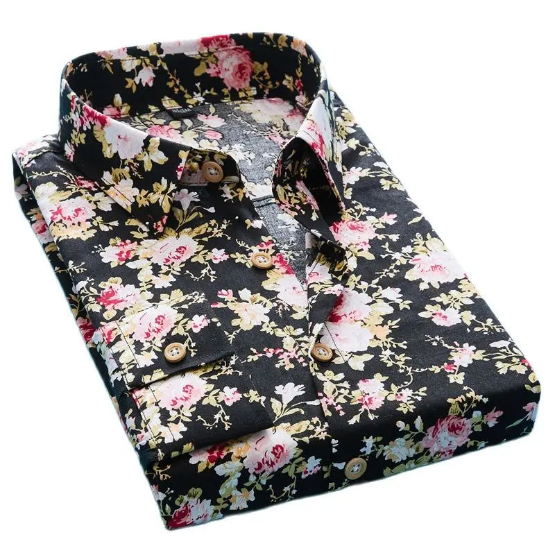 Plus Colors Personality Men Casual Slim Long-sleeve Shirt Flower Print Top Slim Party Shirts Male Dress Shirt Men Clothes