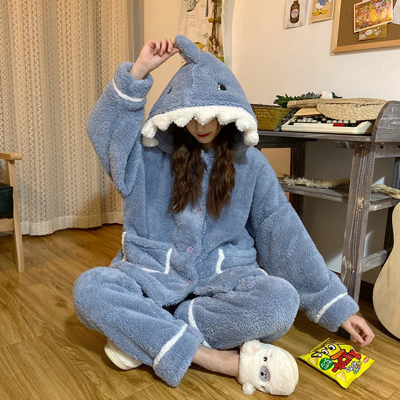 Autumn Winter Women Cute Pajamas Sets Cartoon Shark Hooded Sleepwear Coral Fleece Lady Home Clothes Female Sweet Warm Pyjamas