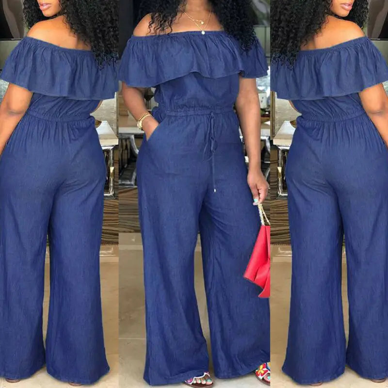 2021 Spring Sumeer Boho Fashion Casual Women Solid Off Shoulder Long Romper Jumpsuit Bodysuit Overall Wide Legs