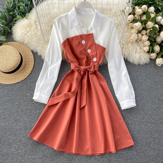 FTLZZ Women Casual Shirt Dress Spring Autumn Turn-down Collar Patchwork Button A-line Dress Sweet Female Vestido