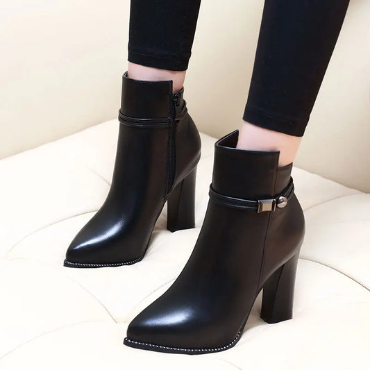 Women 7CM/9CM High Heel Pointed Toe Ankle Boots Fashion Zipper Dress Boots Short Plush Winter Black Split Leather Shoes G0000