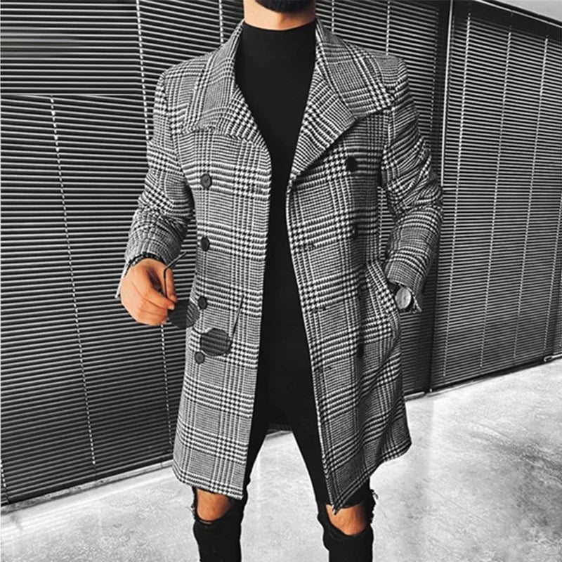 Fashion Men Coat Autumn Winter New Fashion Plaid Double Breasted Lapel Coat Mid-long Coat Men Chic Wool Blends Winter Coat Men