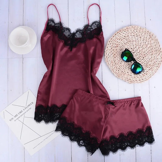 2021 Separate 2pcs Lace Sleepwear Women Beach Dress Lingerie Night Short Sleeveless Ladies Satin Nightgown Through La Sleepwear