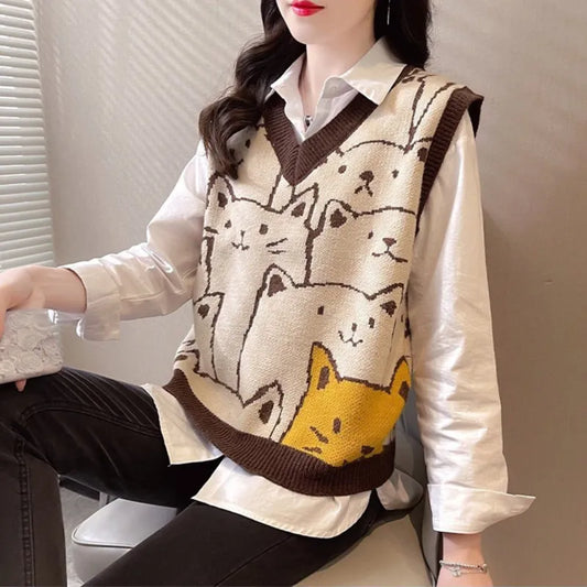 Knitted Sweaters Women Fashion 2022 Autumn Winter Casual Pullovers V-Neck College Style Cat Print Streetwear Knit Vest Sweater
