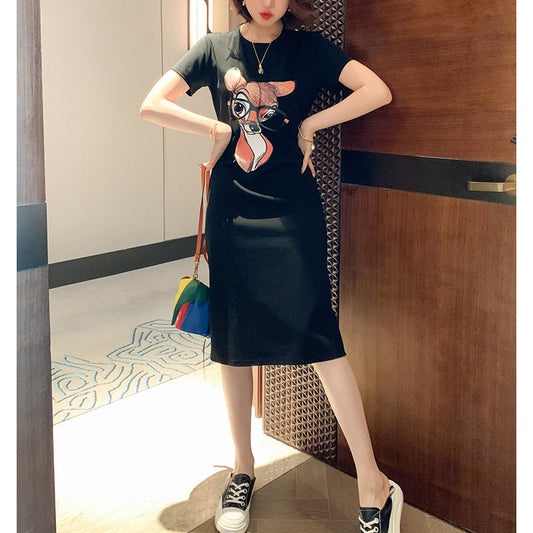 Cute Fawn Print Round Neck Short Sleeve Fit Fit T-shirt Dress Dress Women's 2021 Summer New Spot