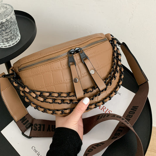 Retro bag new autumn and winter women's bag wide shoulder strap chain chest bag stone pattern waist bag casual small shoulder bag