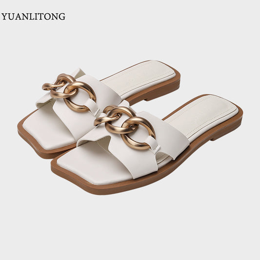 Word sandal slippers female 2021 summer new square flat outside pregnant women semi-stroke sandals children wide fat foot