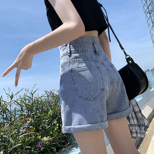 Cotton 2021 new high waist cowboy short pants female ultra-high waist loose thin summer INS roll A word wide leg pants
