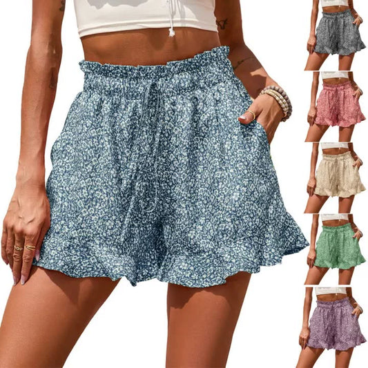 2022 European and American wish summer new foreign trade cross-border women's chiffon printed casual pocket waist shorts