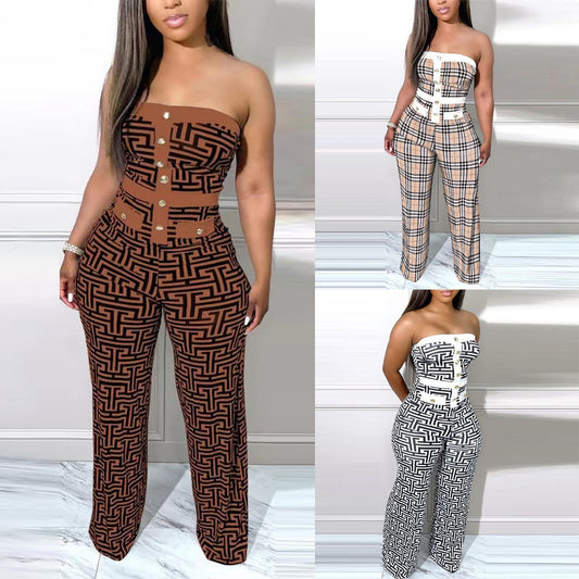 K8019 Cross-border European and American Women's Wear 2023 New Sexy Print Color Block Bandeau One-Piece Wide Leg Pants In stock