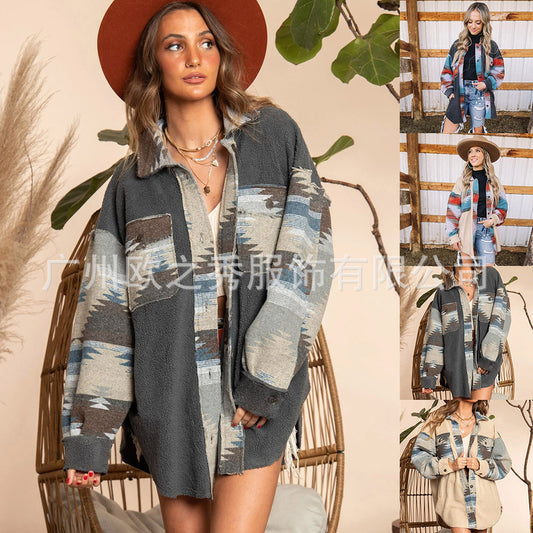 autumn and winter North America new AZTEC woolen stitching plush jacket female jacket pocket