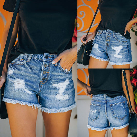 2022 European and American summer cross-border spot Amazon hole tassel edge denim shorts foreign trade jeans women