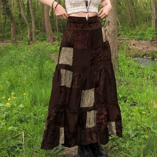 Retro European and American contrast color stitching velvet skirt 2022 spring and autumn cross-border Amazon INS style new A-line long skirt