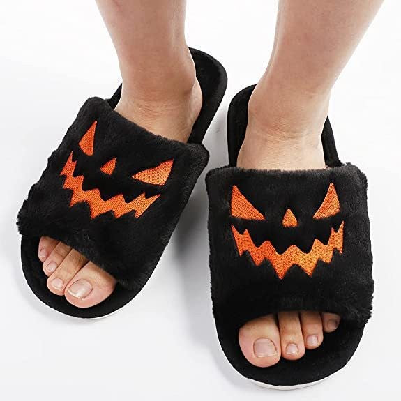 Halloween Slippers Lantern Pumpkin Slippers Indoor Outdoor Non-slip Plush Open Toe Slippers Soft Fuzzy