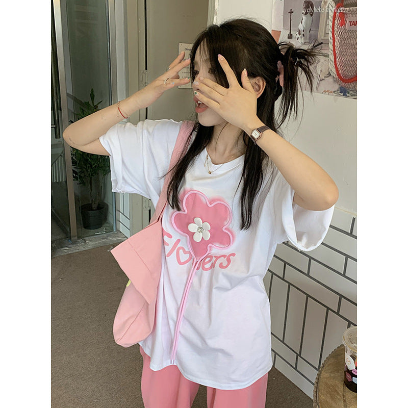 Three-dimensional flower printing short-sleeved t-shirt women's summer 2022 new Korean version design sense niche loose top ins tide