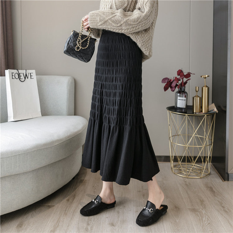 Factory wholesale A word skirt 2021 autumn and winter crumpled solid color fresh sweet knitting long skirt stitching Korean version of the skirt