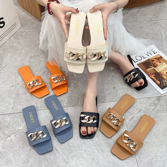 2021 Summer new net red flat bottom color sandal slippers female wear fashion metal deduction retro INS tide