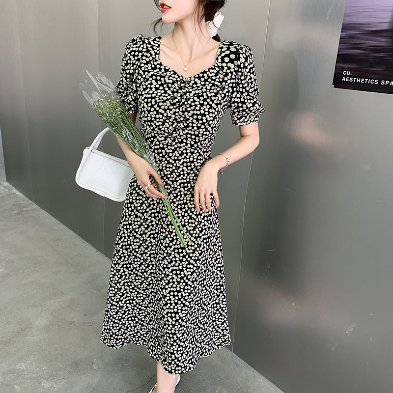 2021 summer new waist temperament revealed hollow long dress French bubble sleeve small fresh floral dress