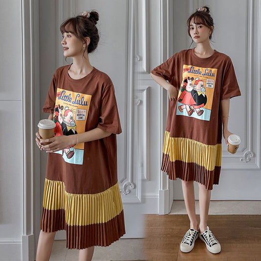 2021 summer new loose plus size women's fat sister slimming stitching pleated skirt cartoon short-sleeved dress