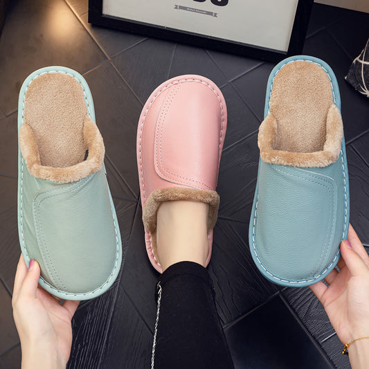 2021 autumn winter slippers men and women home leather slippers plush PVC soft bottom room warm cotton shoes mint green