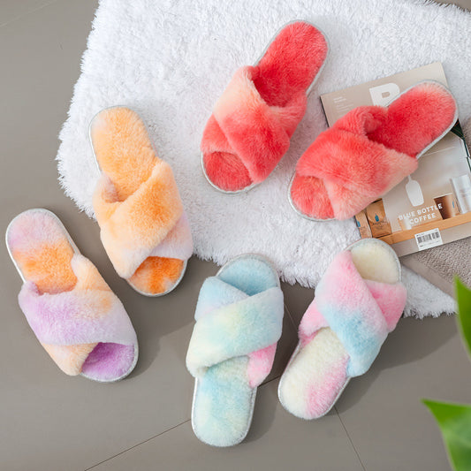 New cross-border foreign trade indoor cotton slippers cross fur slippers female PVC fashion INS home plush slippers female