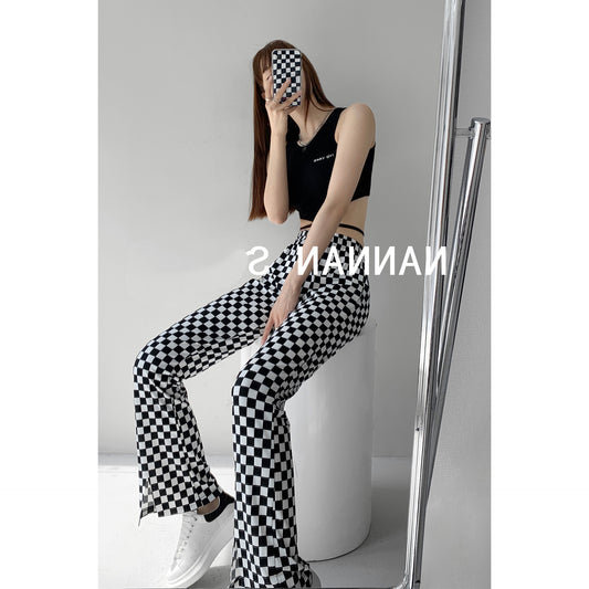 Style hot girl plaid lace-up pants loose casual drape wide-footed black and white checkerboard split trousers