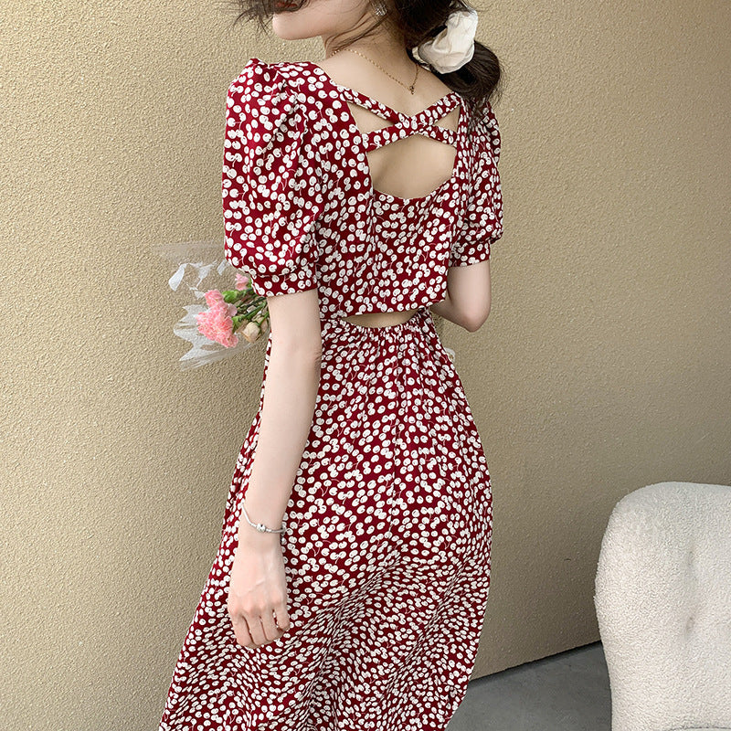 2021 summer new waist temperament revealed hollow long dress French bubble sleeve small fresh floral dress