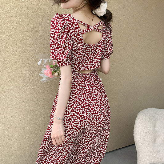 2021 summer new waist temperament revealed hollow long dress French bubble sleeve small fresh floral dress