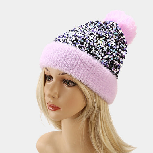 New Autumn Winter Sequin Plush Hat Ladies Warm Solid Color Knit Hat Removable Pom Sweater Hat