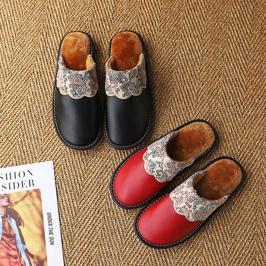 Home leather slippers autumn and winter anti-skating tendons, men and women, European floor slippers couple warm cotton slippers wholesale