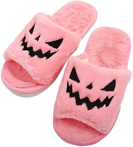 Halloween Slippers Lantern Pumpkin Slippers Indoor Outdoor Non-slip Plush Open Toe Slippers Soft Fuzzy