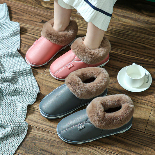 PU leather slippers female winter plus velvet soft bottom couple warm big gruff waterproof cotton slippers home with a male